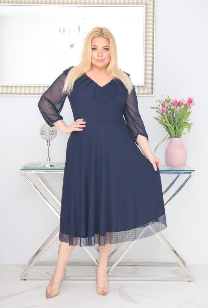 Sukienka Fabiola lekka zwiewna rozkloszowana tiulowa w groszki granatowa