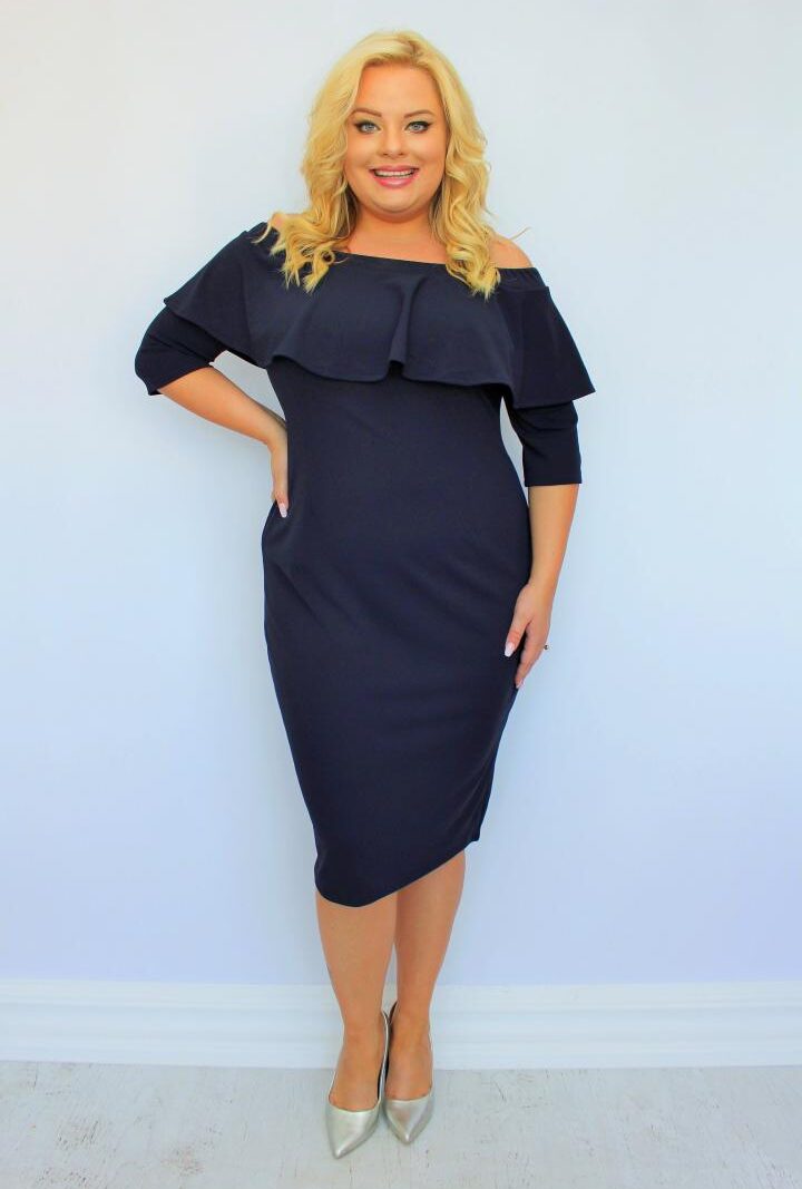 Sukienka Eva ołówkowa hiszpanka z falbaną granat gładka