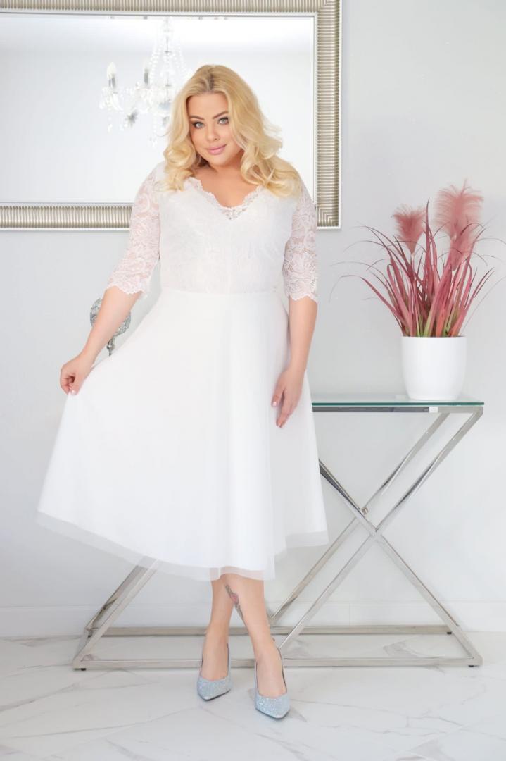 Sukienka Ariana rozkloszowana elastyczna koronka koło z tiulu biała - obrazek 3