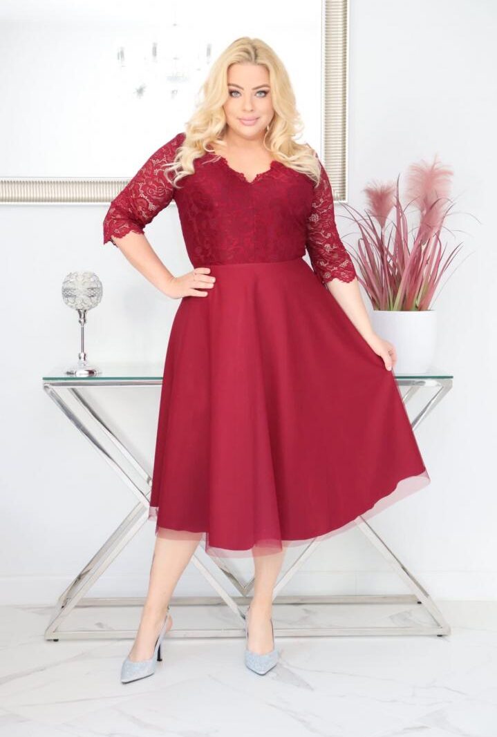 Sukienka Ariana rozkloszowana elastyczna koronka koło z tiulu bordowa PROMOCJA