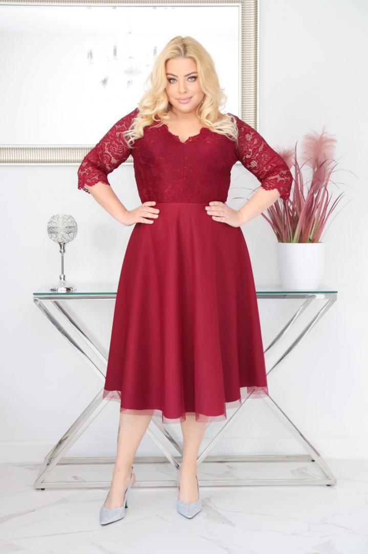 Sukienka Ariana rozkloszowana elastyczna koronka koło z tiulu bordowa PROMOCJA - obrazek 4