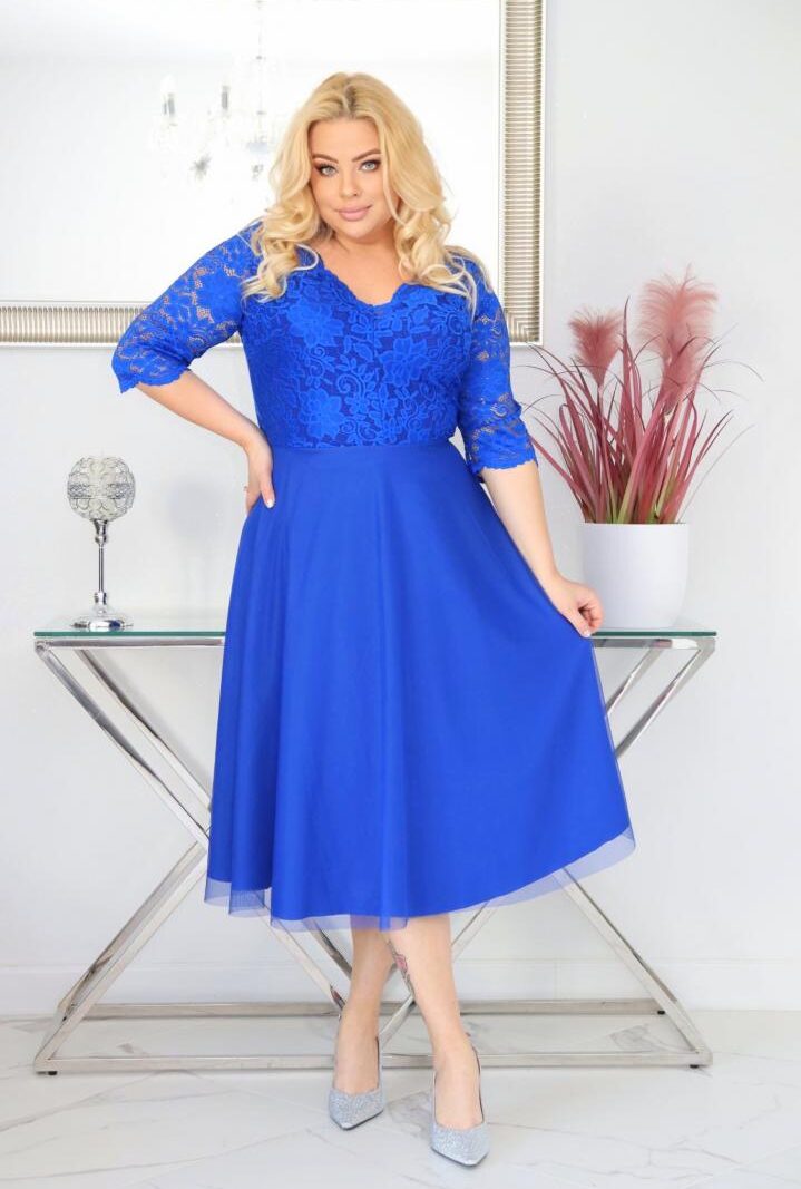 Sukienka Ariana rozkloszowana elastyczna koronka koło z tiulu chabrowa