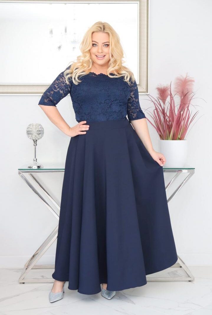 Sukienka Tamara maxi wieczorowa rozkloszowana ekskluzywna hiszpanka koronka gładka granatowa