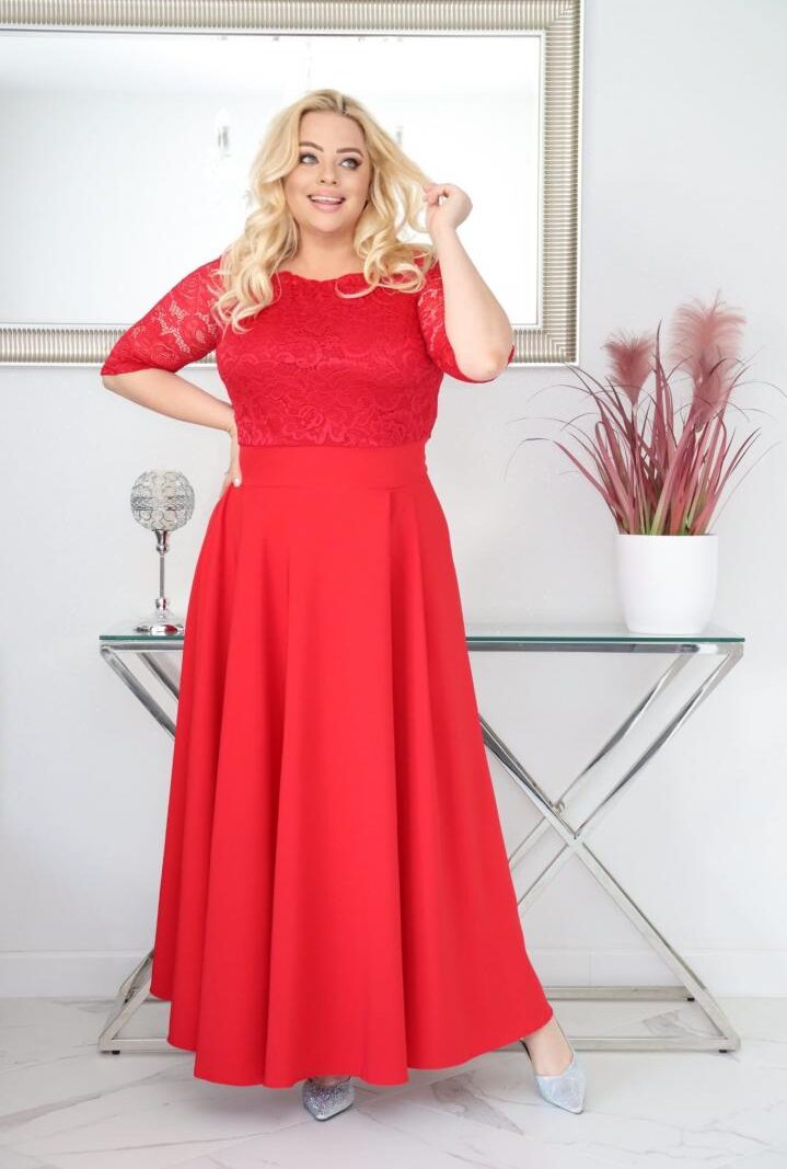 Sukienka Tamara maxi wieczorowa rozkloszowana ekskluzywna hiszpanka koronka gładka czerwona