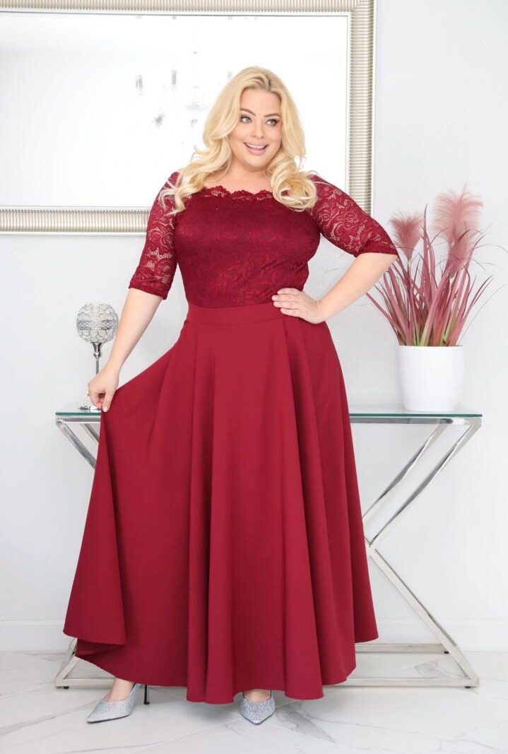 Sukienka Tamara maxi wieczorowa rozkloszowana ekskluzywna hiszpanka koronka gładka bordowa