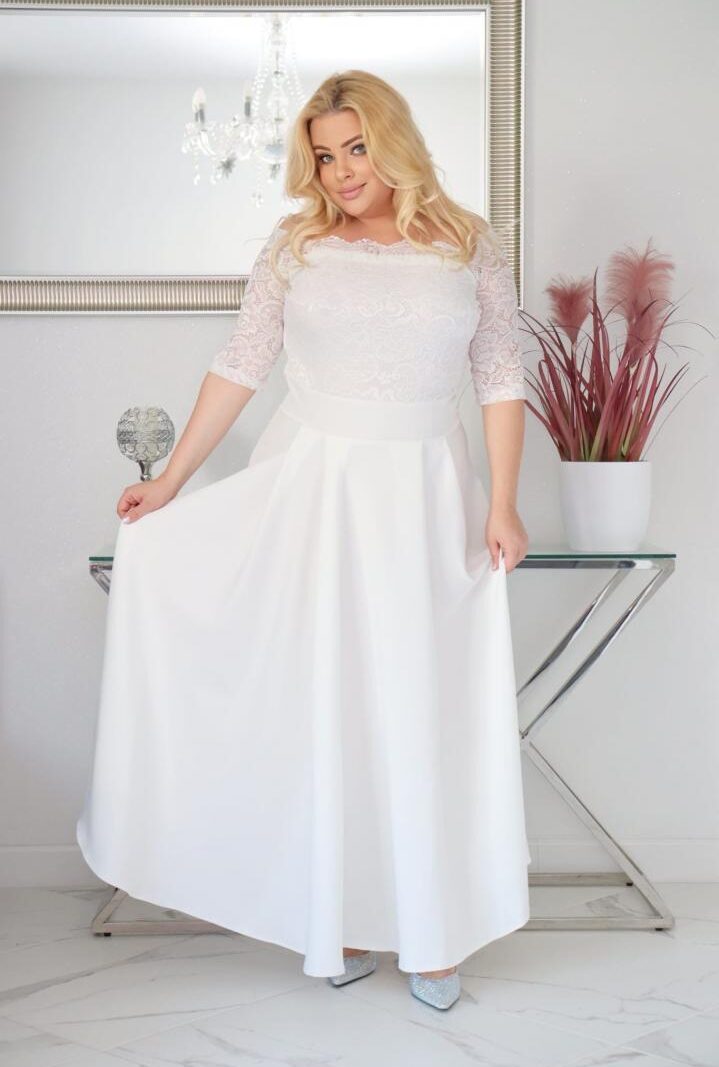 Sukienka Tamara maxi wieczorowa rozkloszowana ekskluzywna hiszpanka koronka gładka biała