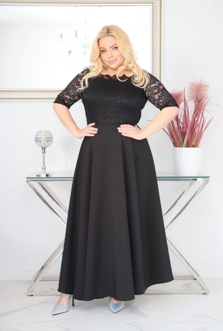 Sukienka Tamara maxi wieczorowa rozkloszowana ekskluzywna hiszpanka koronka gładka czarna