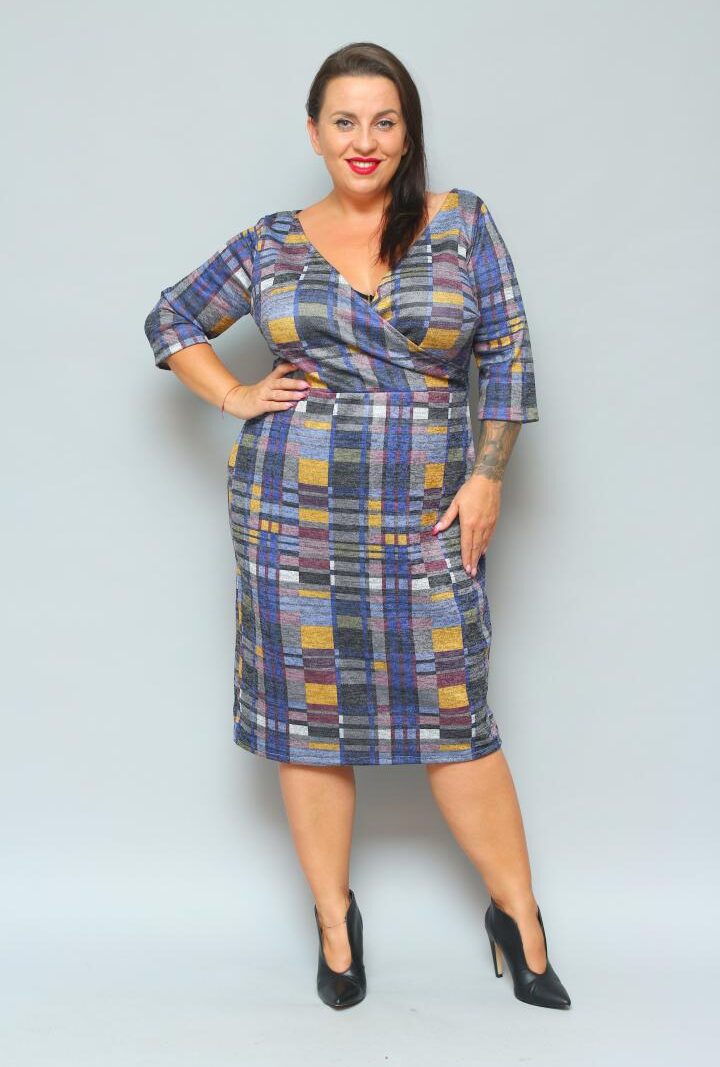 Sukienka Olivia kopertowy dekolt dzianina w kratę granatowo-musztardowa WYPRZEDAŻ
