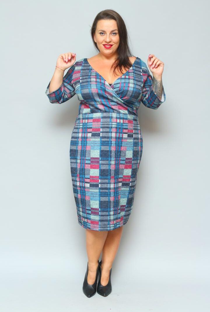 Sukienka Olivia kopertowy dekolt dzianina w kratę granatowoamarantowa