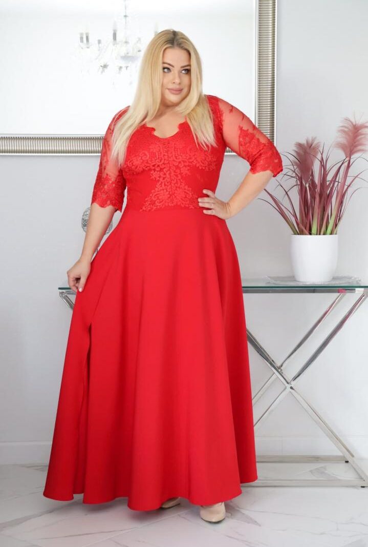 Sukienka Claudia maxi wieczorowa rozkloszowana ekskluzywna dekolt serek koronka czerwona WYPRZEDAŻ