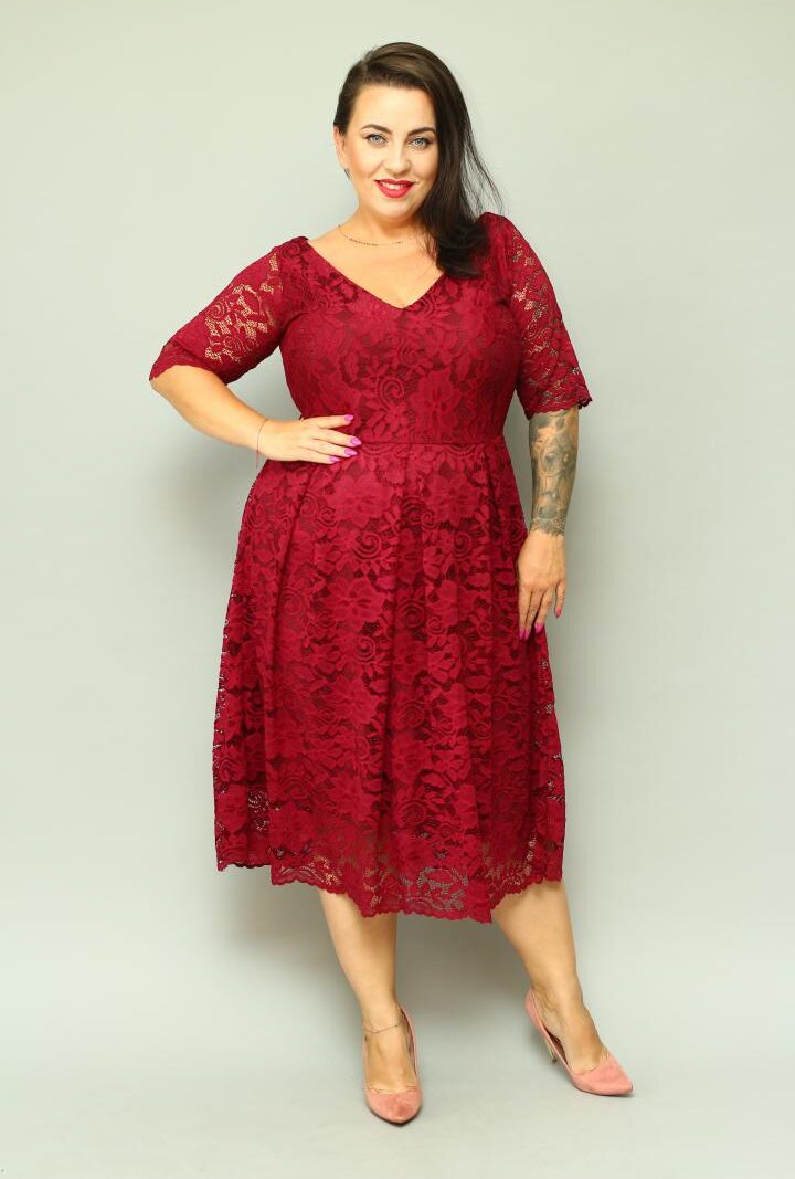 Sukienka koronkowa rozkloszowana bordo koronka kwiaty. A006. MEGA WYPRZEDAŻ! ostatni rozmiar 36