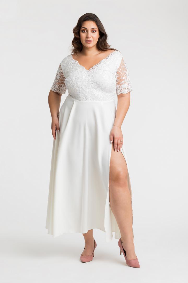 Sukienka Persefona koktajlowa rozkloszowana ekskluzywna kopertowy dekolt koronka ecru WYPRZEDAŻ