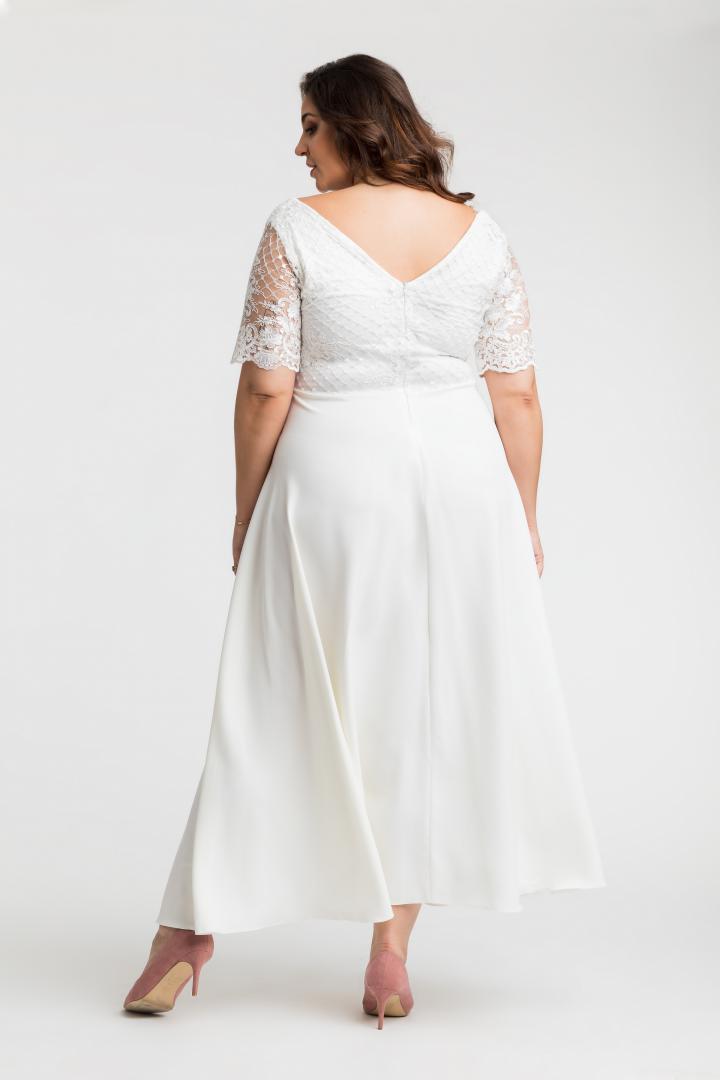 Sukienka Persefona koktajlowa rozkloszowana ekskluzywna kopertowy dekolt koronka ecru WYPRZEDAŻ - obrazek 3