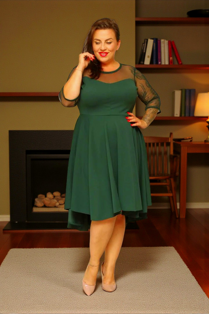 Sukienka Valentina rozkloszowana asymetryczna dekolt serce tiul butelkowa zieleń gładka