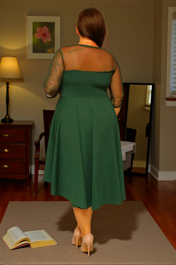 Sukienka Valentina rozkloszowana asymetryczna dekolt serce tiul butelkowa zieleń gładka - obrazek 3