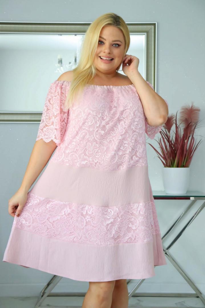 Sukienka Wera wiskozowo-koronkowa trapezowa hiszpanka pudrowy róż PROMOCJA - obrazek 4