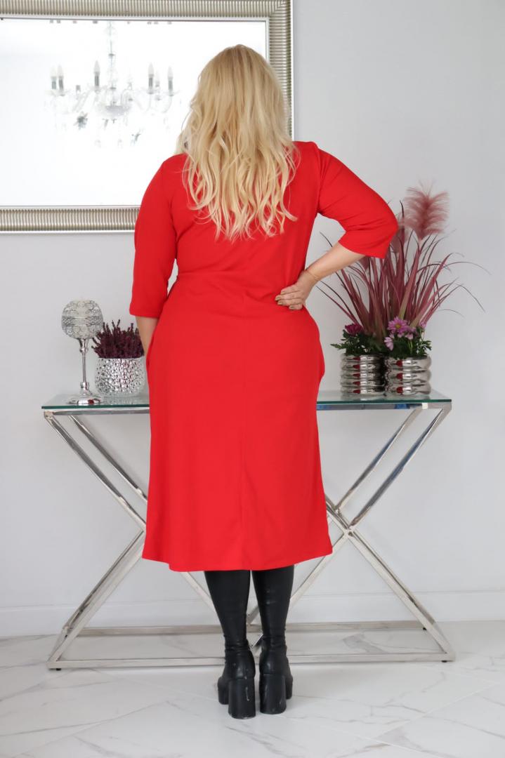 Sukienka Natasza rozkloszowana midi dzianina wiązana w pasie czerwona - obrazek 5