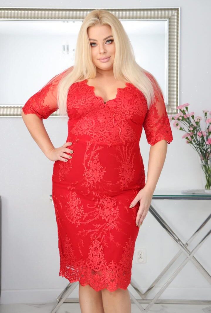 Sukienka Mirabella ołówkowa ekskluzywna koronkowa czerwona PROMOCJA
