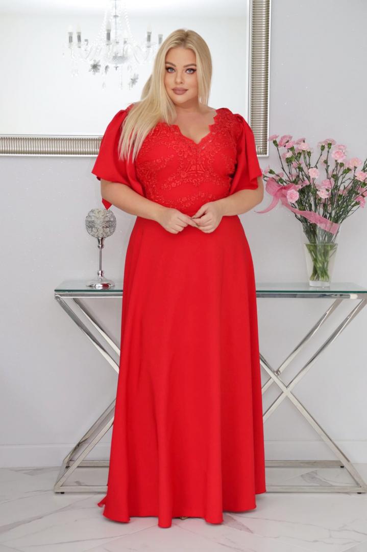 Sukienka Beatrice maxi wieczorowa rozkloszowana ekskluzywna dekolt serek czerwona PROMOCJA - obrazek 3