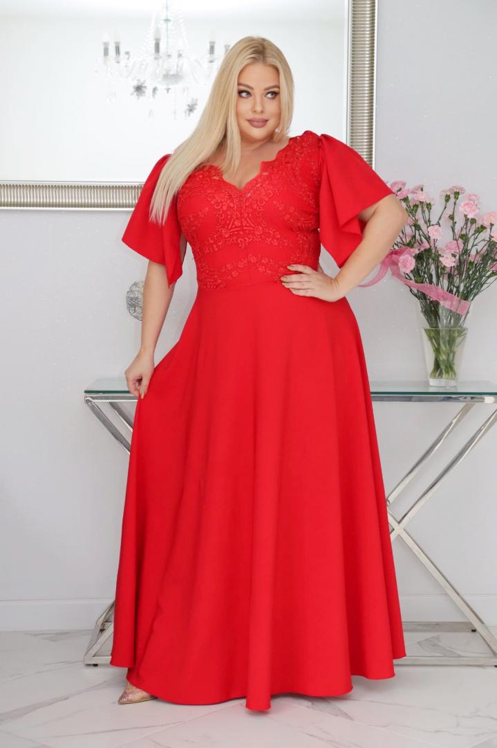 Sukienka Beatrice maxi wieczorowa rozkloszowana ekskluzywna dekolt serek czerwona PROMOCJA - obrazek 4