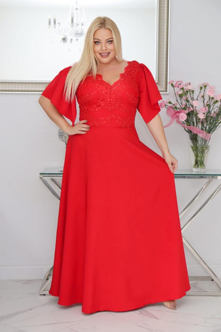 Sukienka Beatrice maxi wieczorowa rozkloszowana ekskluzywna dekolt serek czerwona PROMOCJA