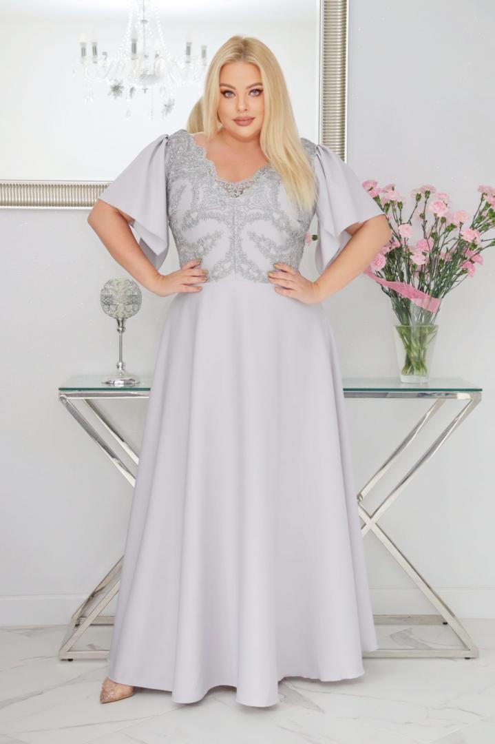 Sukienka Beatrice maxi wieczorowa rozkloszowana ekskluzywna dekolt serek popielata PROMOCJA - obrazek 3