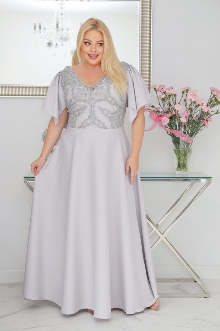 Sukienka Beatrice maxi wieczorowa rozkloszowana ekskluzywna dekolt serek popielata PROMOCJA - obrazek 4