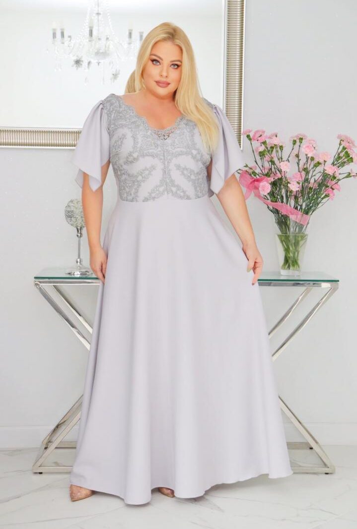 Sukienka Beatrice maxi wieczorowa rozkloszowana ekskluzywna dekolt serek popielata PROMOCJA