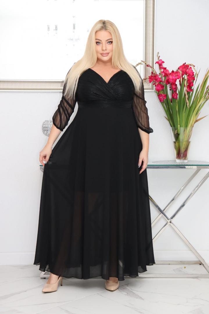 Sukienka z tiulu z wygodą kopertowego dekoltu. Lekka, stylowa, szyfonowy dół. CZARNA. KOD S1080.