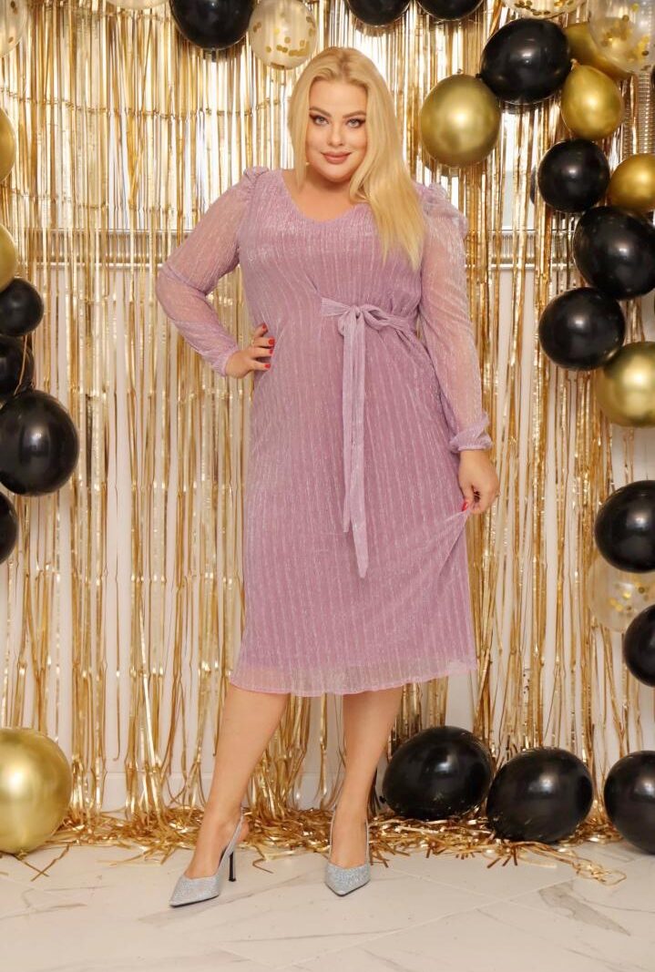 Sukienka Bonita tiulowa z lekkim połyskiem midi wiązana w pasie liliowa