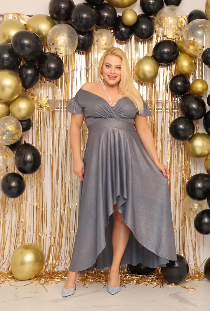 Sukienka klasyczna rozkloszowana long wieczorowa szyfonowa grafitowa. A009. MEGA