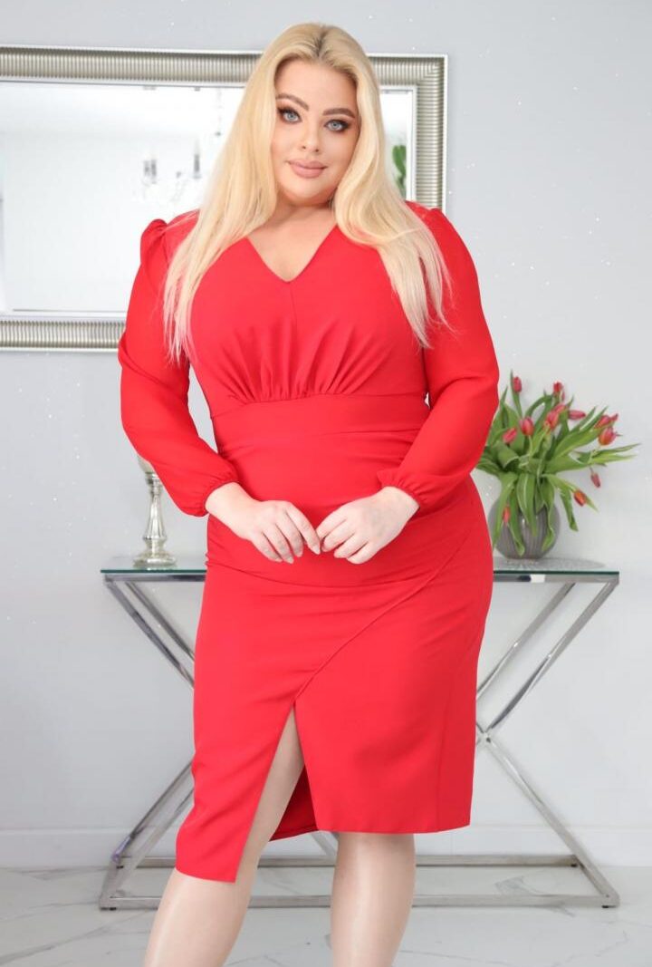 Sukienka Seborina ołówkowa ekskluzywna tulipanowa dekolt draperia czerwona WYPRZEDAŻ