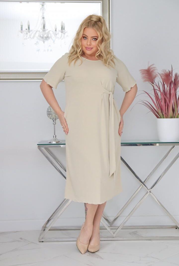 Sukienka Natasza rozkloszowana midi dzianina wiązana w pasie nude