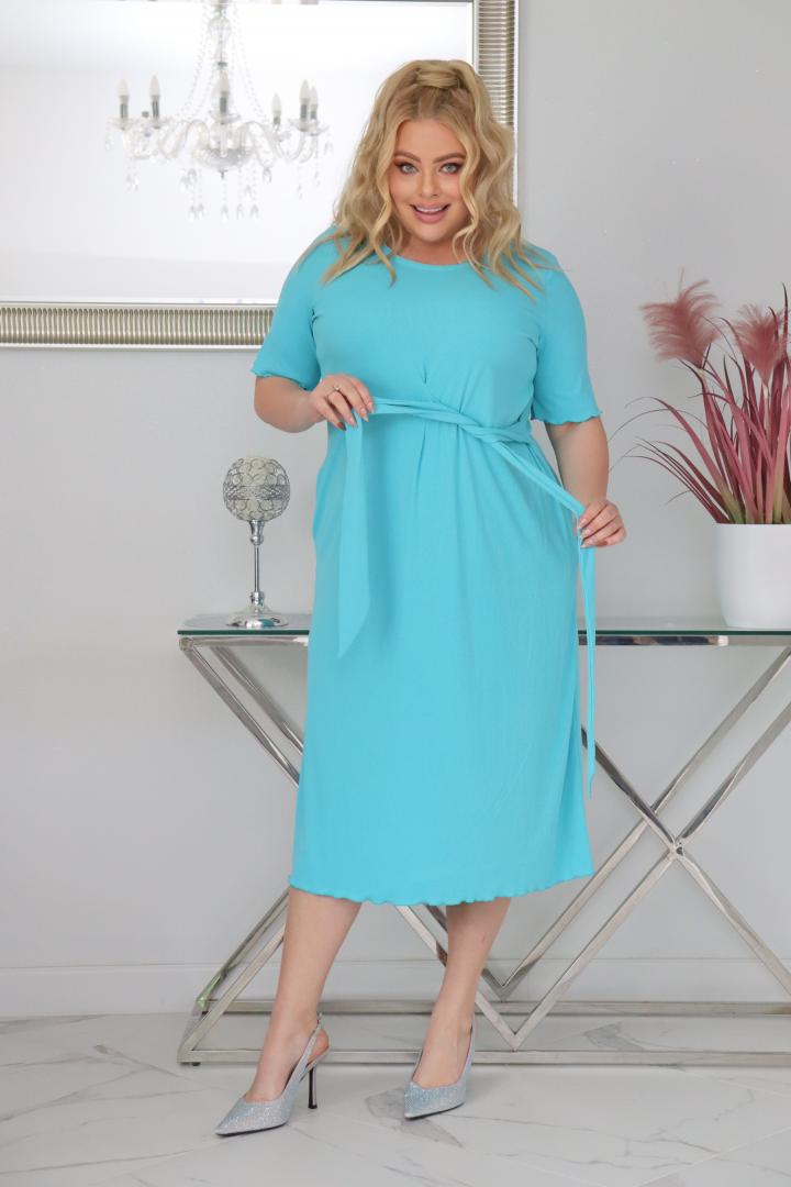 Sukienka Natasza rozkloszowana midi dzianina wiązana w pasie jasnoniebieska - obrazek 3