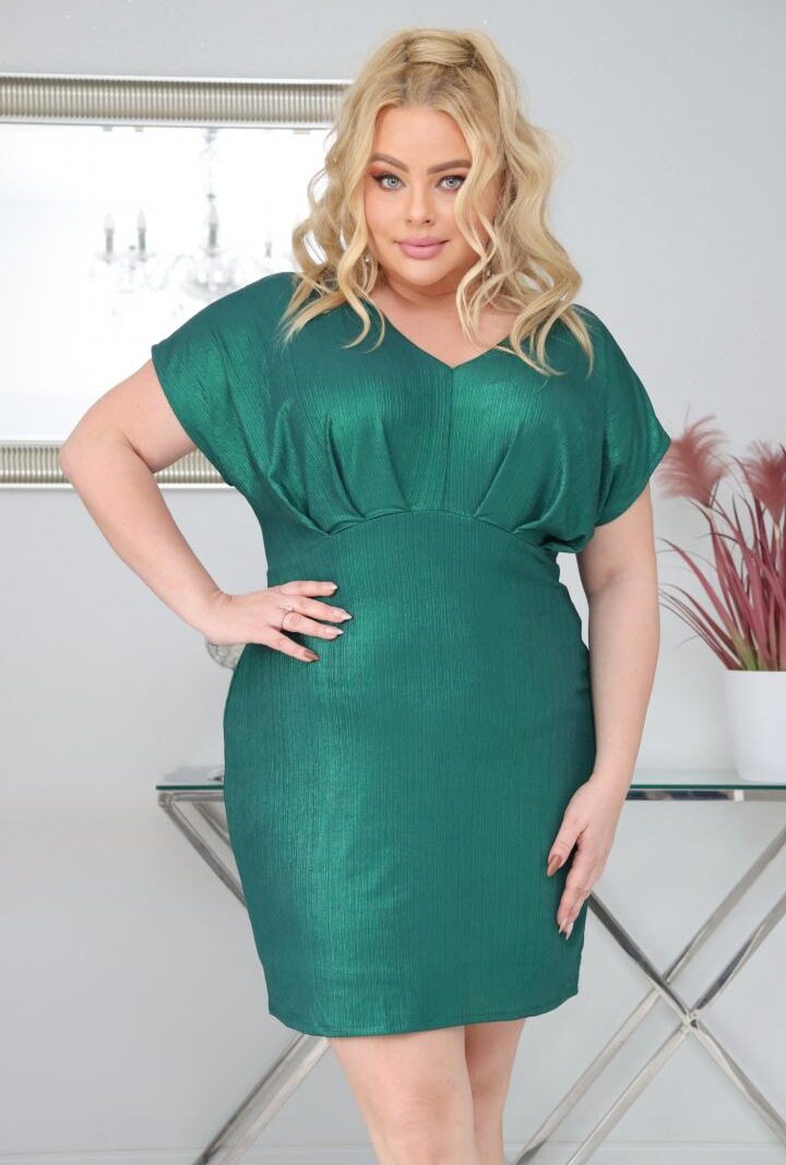 Sukienka Diora romantyczny dekolt z zakładkami mieniąca butelkowa zieleń