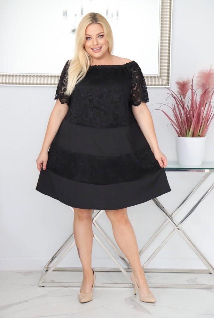 Sukienka Wera wiskozowo-koronkowa trapezowa hiszpanka czarna