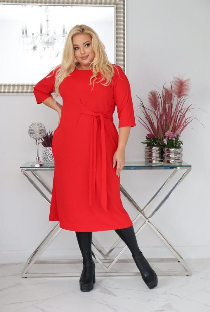 Sukienka Natasza rozkloszowana midi dzianina wiązana w pasie czerwona