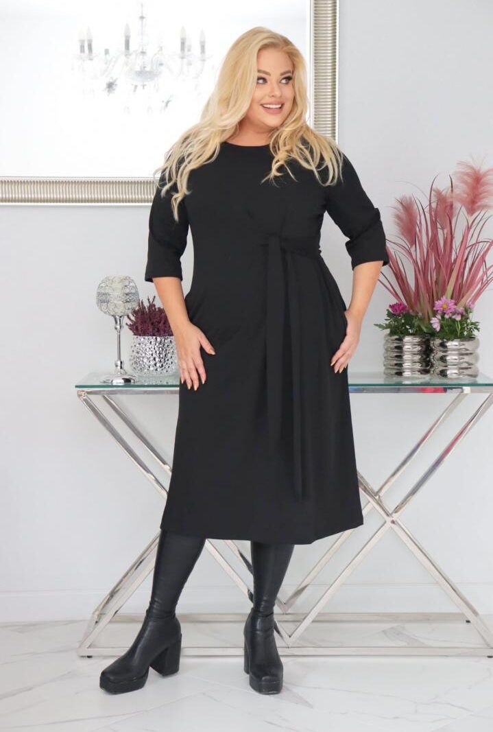 Sukienka Natasza rozkloszowana midi dzianina wiązana w pasie czarna