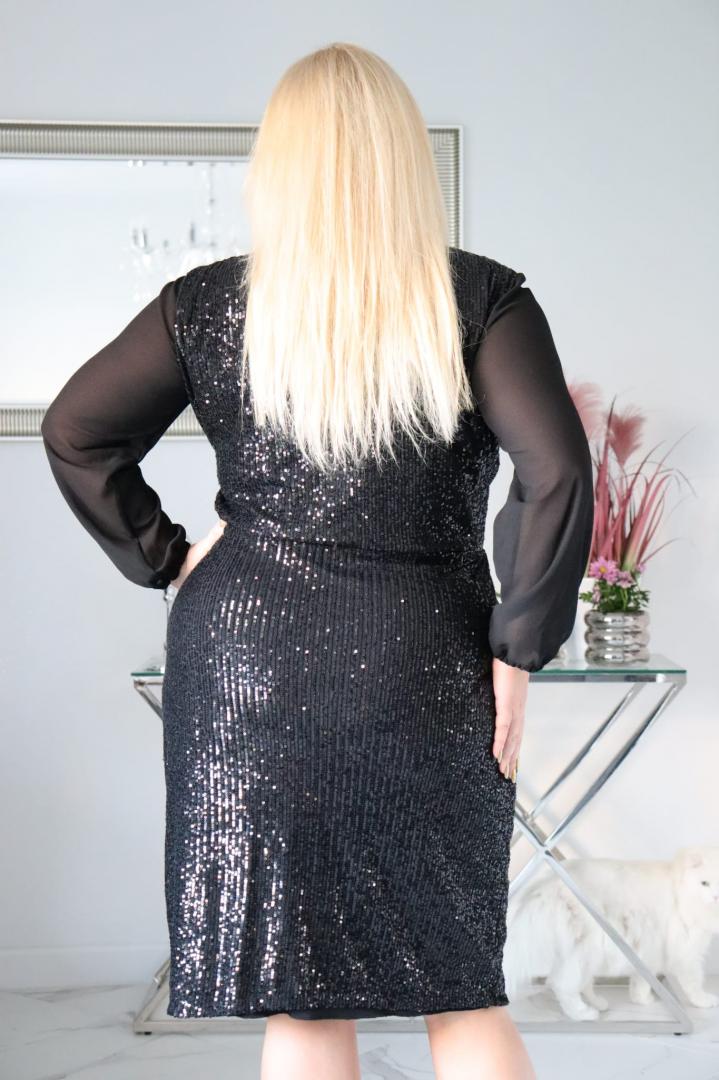 Sukienka Elena cekinowa kopertowy dekolt szyfonowe rękawy czarna - obrazek 7