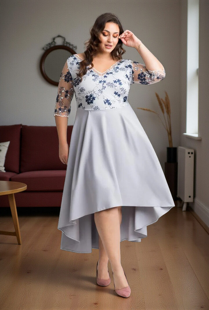 Sukienka Fiorella asymetryczna rozkloszowana kopertowy dekolt koktajlowa koronka kwiatki granat popiel