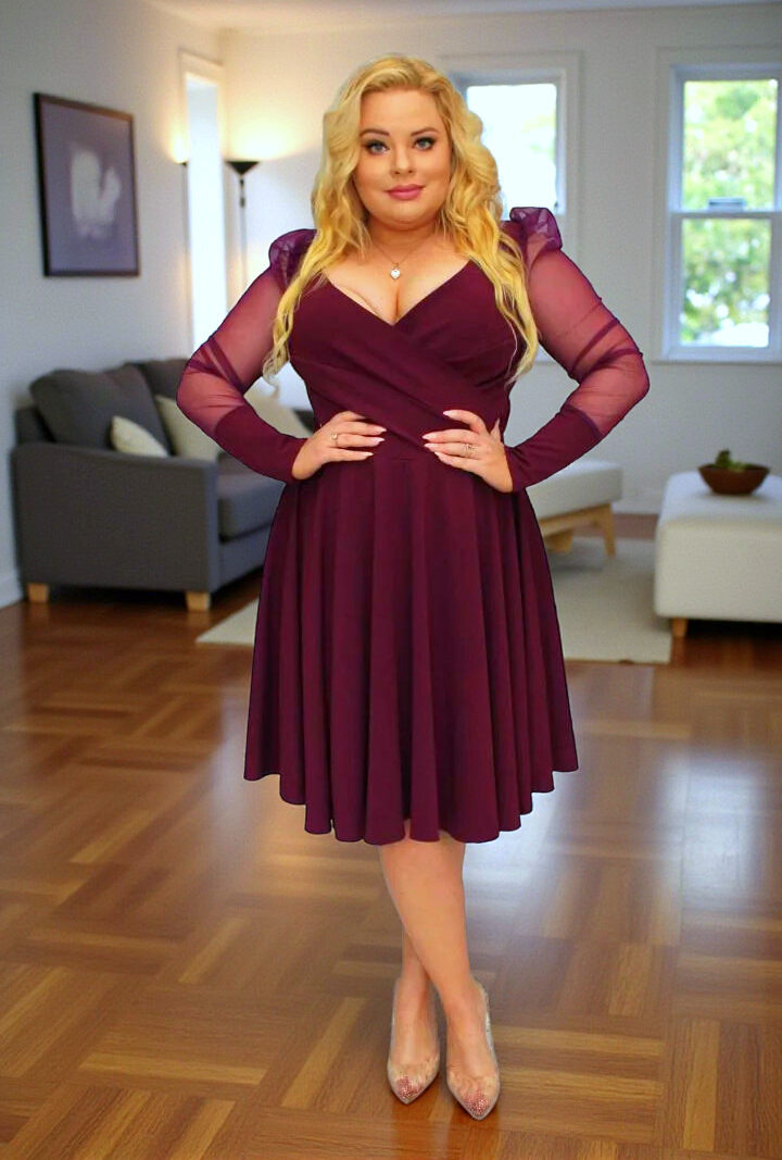 Sukienka Jessica rozkloszowana rękawy z tiulu bufki bordo