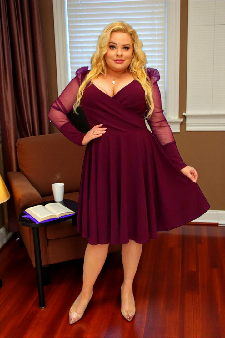 Sukienka Jessica rozkloszowana rękawy z tiulu bufki bordo - obrazek 3