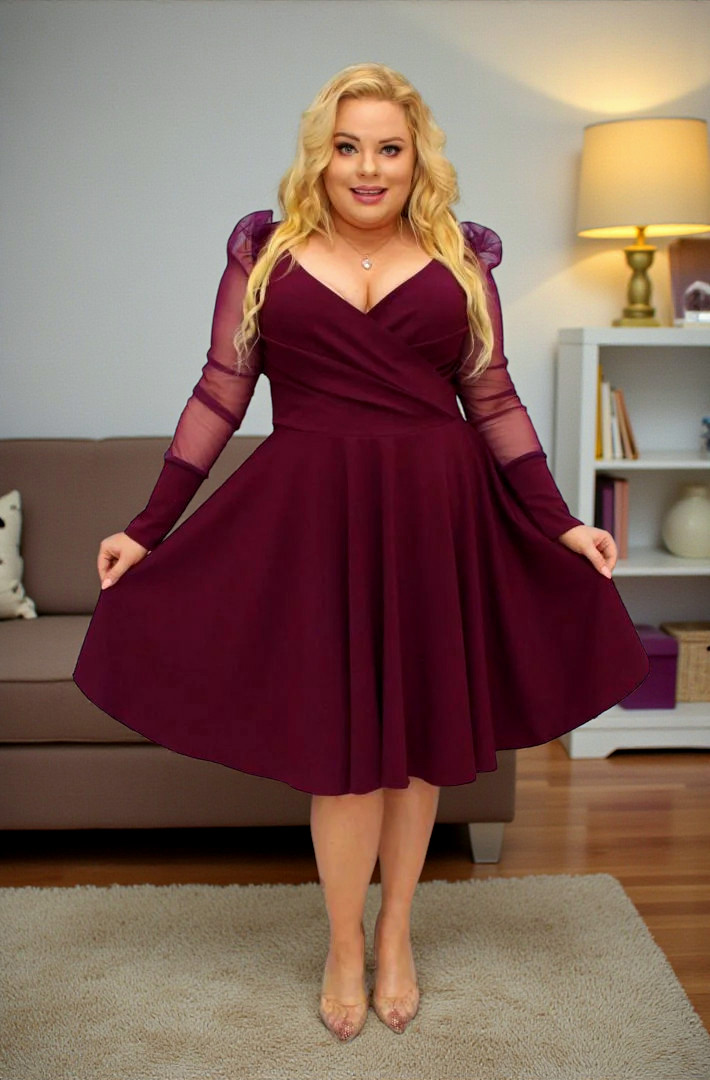 Sukienka Jessica rozkloszowana rękawy z tiulu bufki bordo - obrazek 4