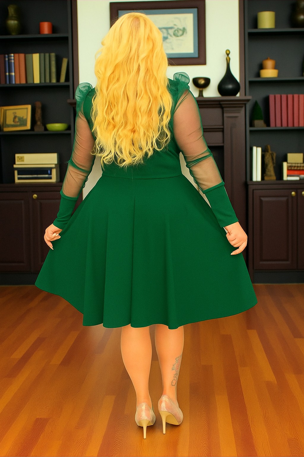 Sukienka Jessica rozkloszowana rękawy z tiulu bufki butelkowa zieleń - obrazek 3