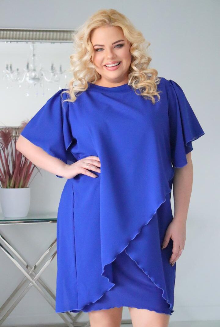 Sukienka Kama z tulipanową szyfonową narzutką chabrowa