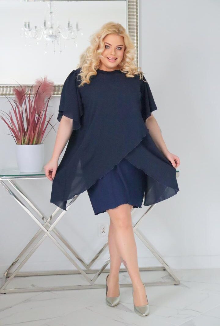 Sukienka Kama z tulipanową szyfonową narzutką granatowa