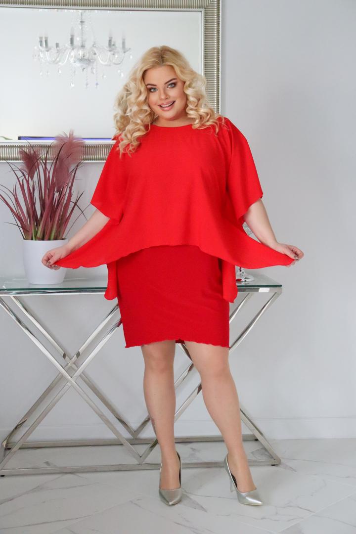 Sukienka Kama z prostokątną szyfonową narzutką czerwona - obrazek 4