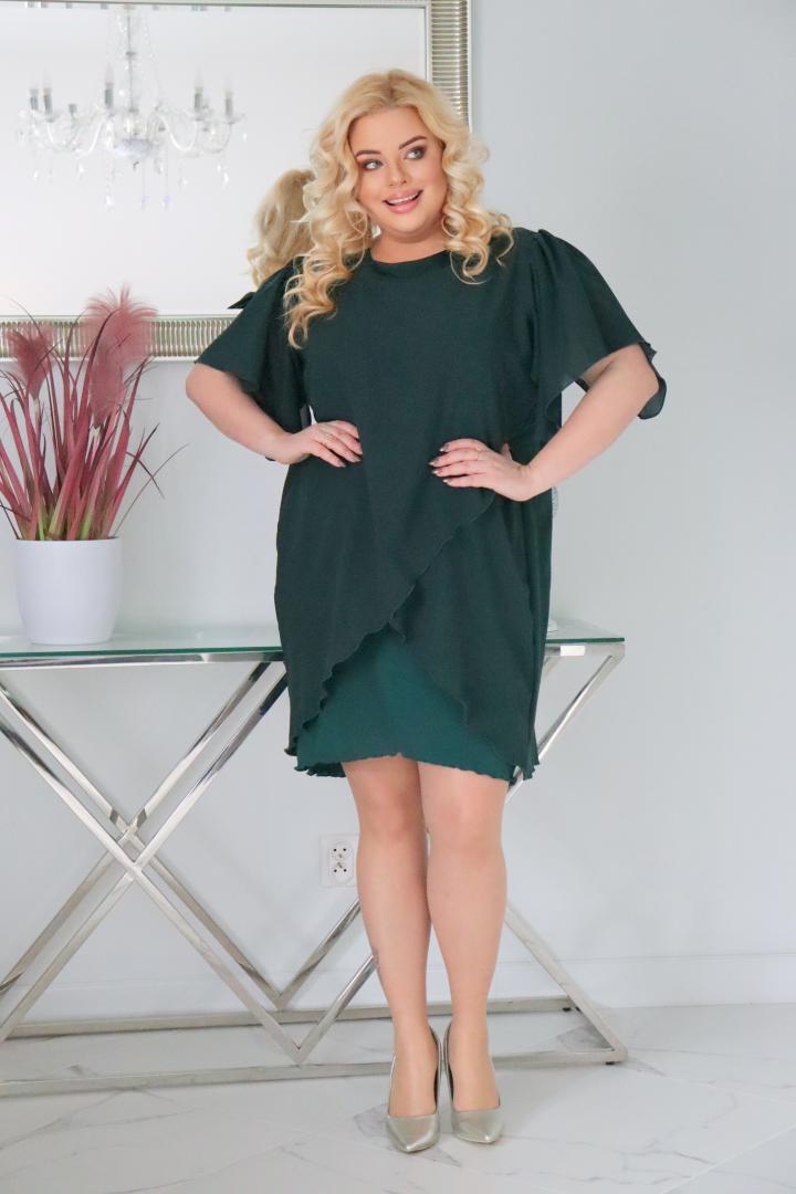 Sukienka Kama z tulipanową szyfonową narzutką butelkowa zieleń - obrazek 3