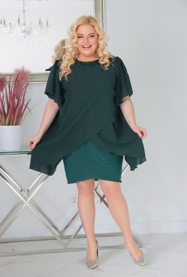 Sukienka Kama z tulipanową szyfonową narzutką butelkowa zieleń