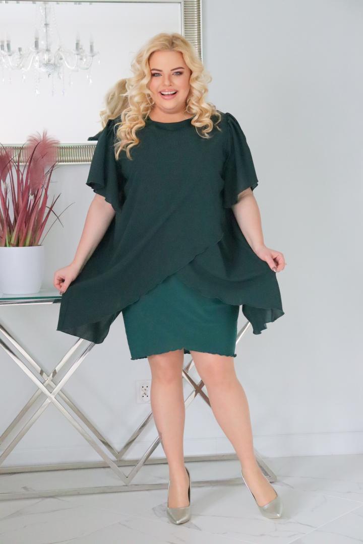 Sukienka Kama z tulipanową szyfonową narzutką butelkowa zieleń